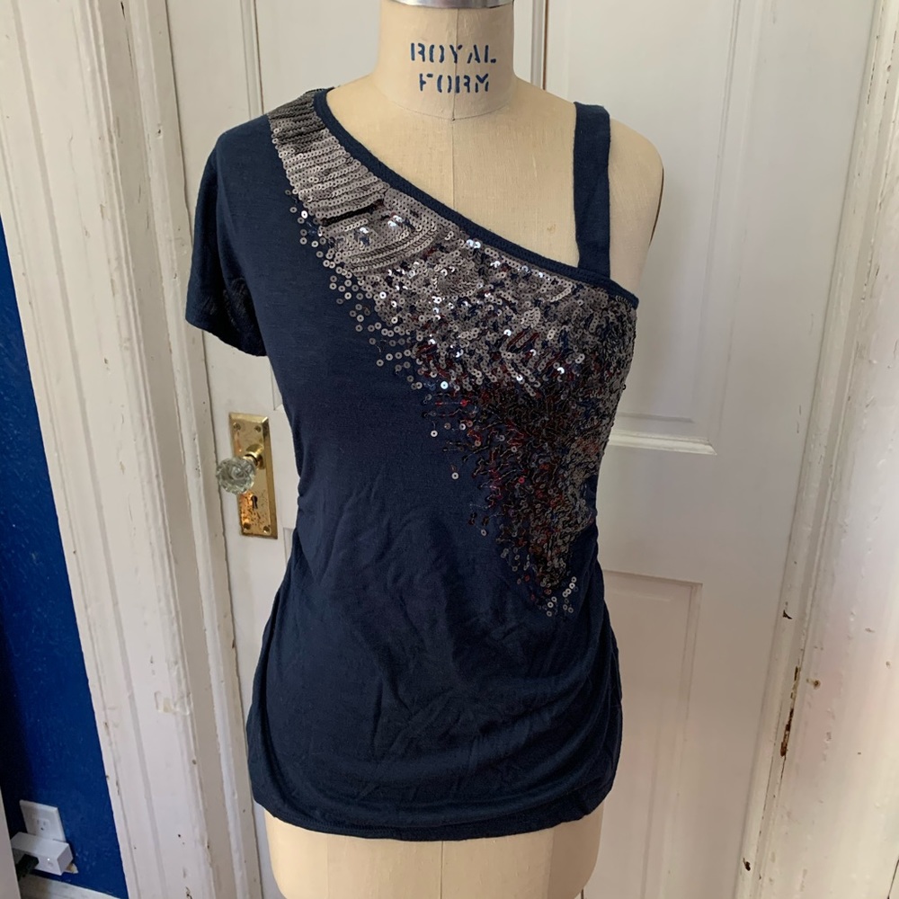 Navy one shoulder sequin top